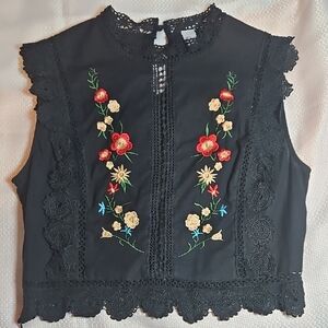 Floral Embroidered Black Women's Blouse